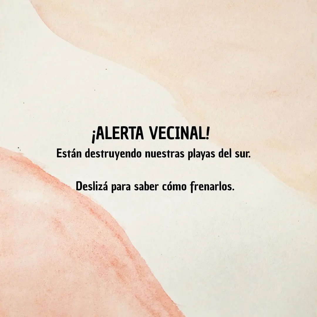 Afiche de alerta vecinal: Están destruyendo las playas del sur, con instrucciones sobre cómo actuar para frenarlos