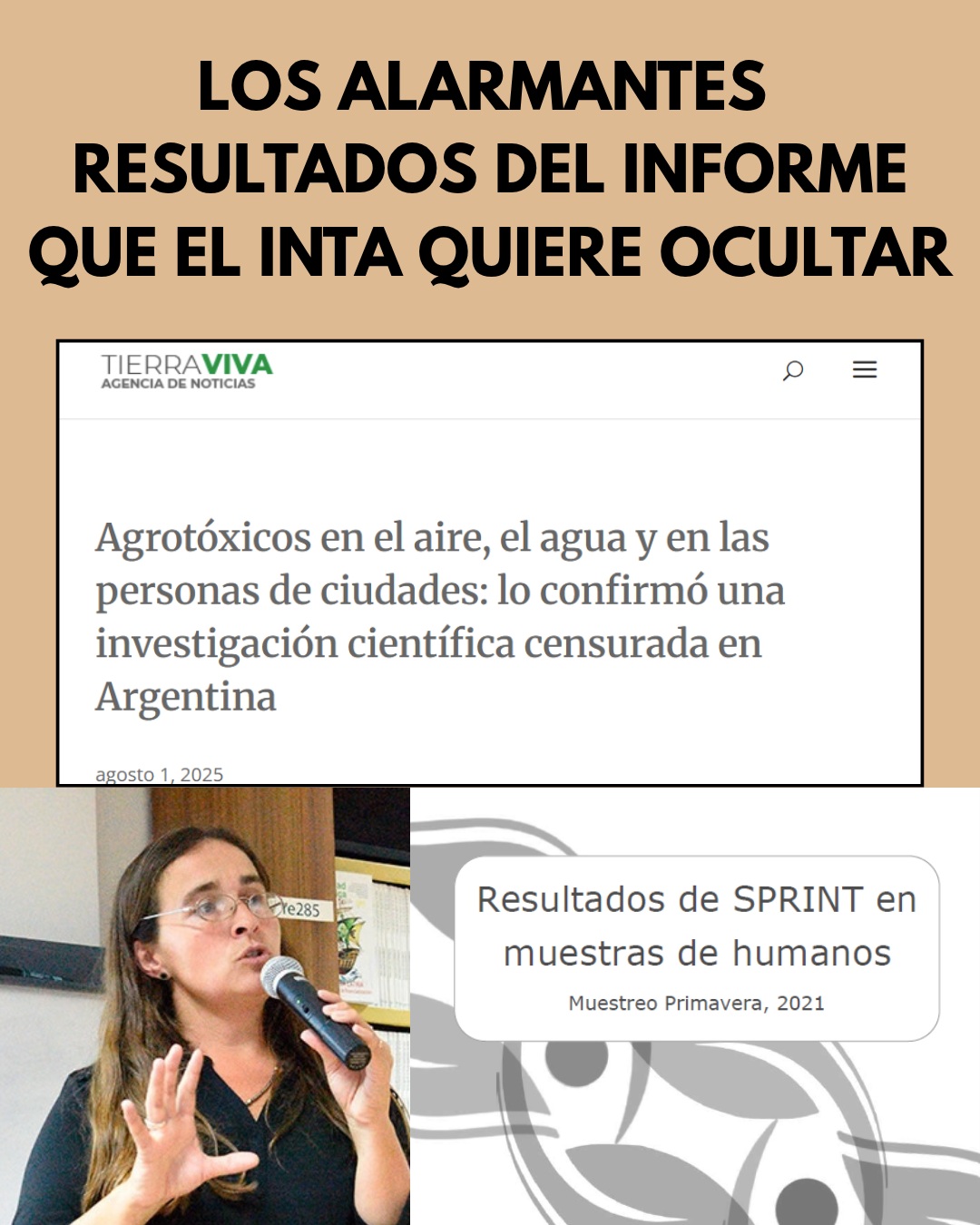 Virginia Aparicio expone los resultados del estudio SPRINT sobre agrotóxicos en el cuerpo humano, censurados por el INTA. Nota de Tierra Viva.