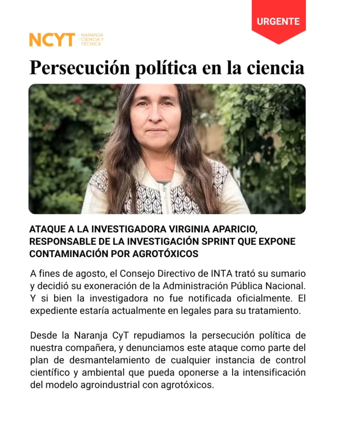 Afiche de Naranja CyT denunciando la persecución política y la exoneración de la investigadora Virginia Aparicio del INTA, por su trabajo en el estudio SPRINT sobre agrotóxicos