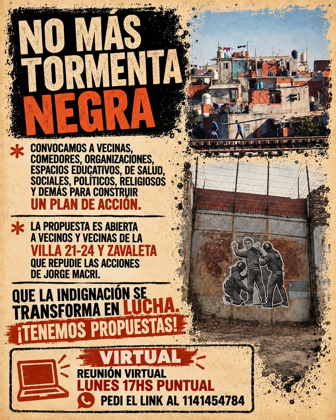 Flyer No Más Tormenta Negra: reunión virtual lunes 17hs para vecinos de Villa 21-24 y Zavaleta contra las acciones de Jorge Macri, CABA
