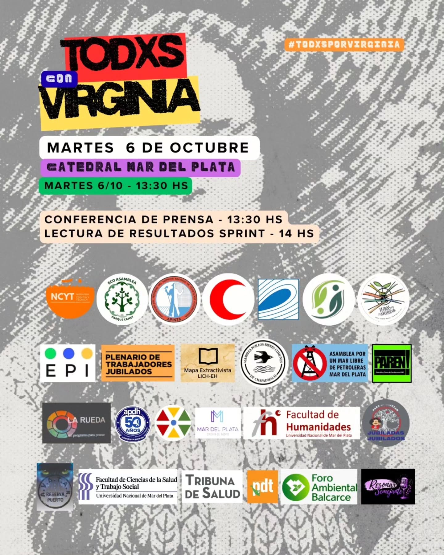 Flyer Todxs con Virginia, martes 6 de octubre a las 13:30 hs en la Catedral de Mar del Plata, con logos de las organizaciones convocantes