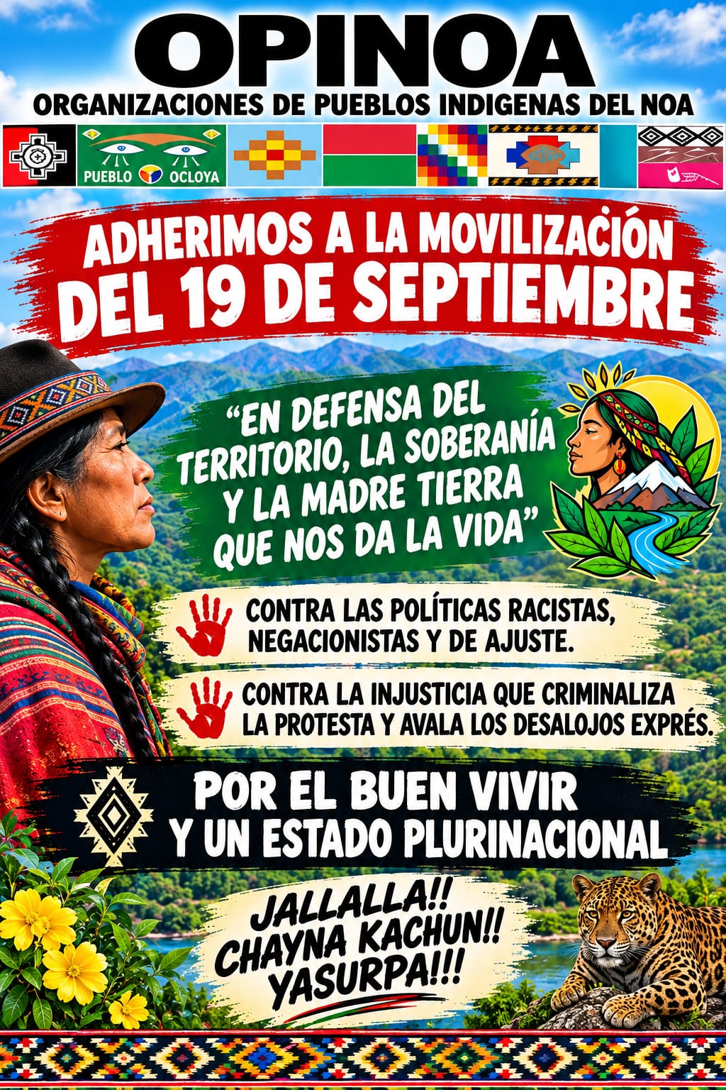 Afiche de OPINOA adhiriendo a la movilización del 19 de septiembre en defensa del territorio, la soberanía y la madre tierra