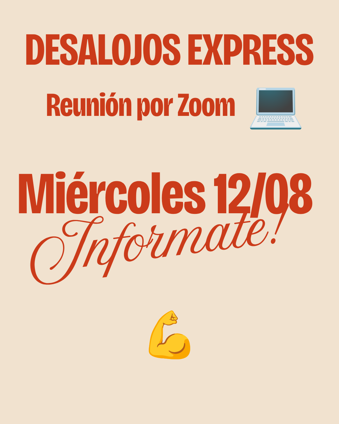 Flyer. Lee: Desalojos Express. Reunión por Zoom. Miércoles 12/08. Informate