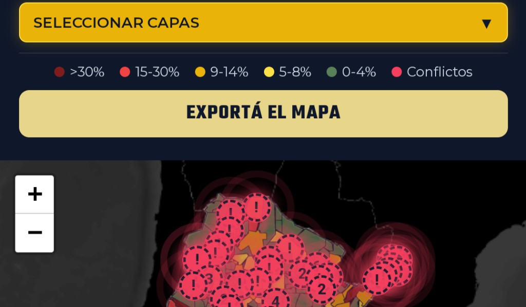 Portada del Octavo Informe del Observatorio de Tierras (PRIHA-FCE-UBA). Informe sobre la disputa por el territorio con mapa de más de 50 conflictos territoriales en Argentina.