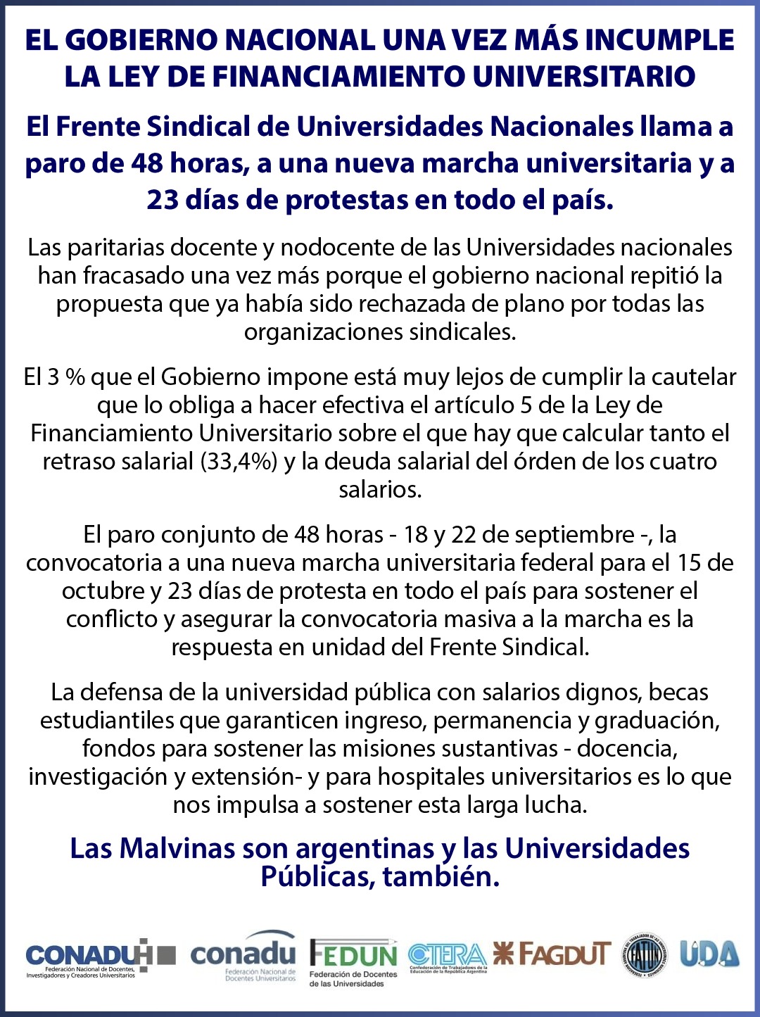 Comunicado del Frente Sindical de Universidades Nacionales convocando al paro de 48 horas y a 23 días de protestas por el incumplimiento de la Ley de Financiamiento Universitario