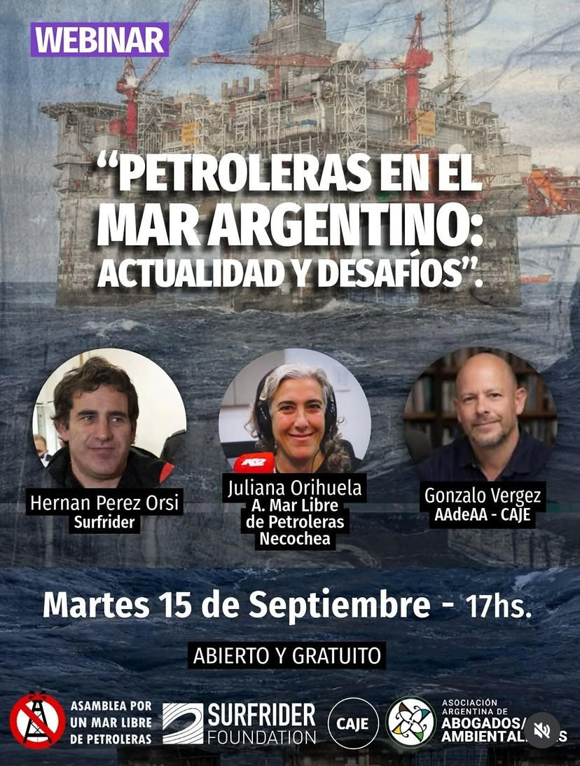 Afiche invitando a un Webinar abierto y gratuito sobre las petroleras en el mar argentino.