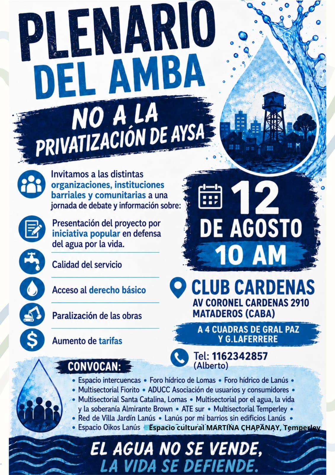 Afiche del Plenario del AMBA. No a la privatización de AySA. 12 de agosto, 10hs. Club Cárdenas, Av. Coronel Cárdenas 2910, Mataderos (CABA), a 4 cuadras de Gral. Paz y G. Laferrere. Tel: 1162342857. El agua no se vende, la vida se defiende.