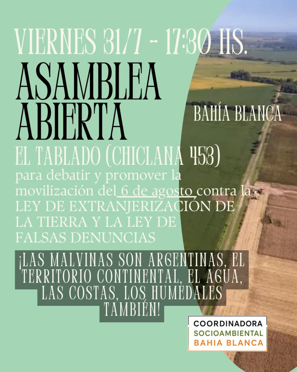 Afiche de la asamblea abierta en Bahía Blanca el 31 de julio.
