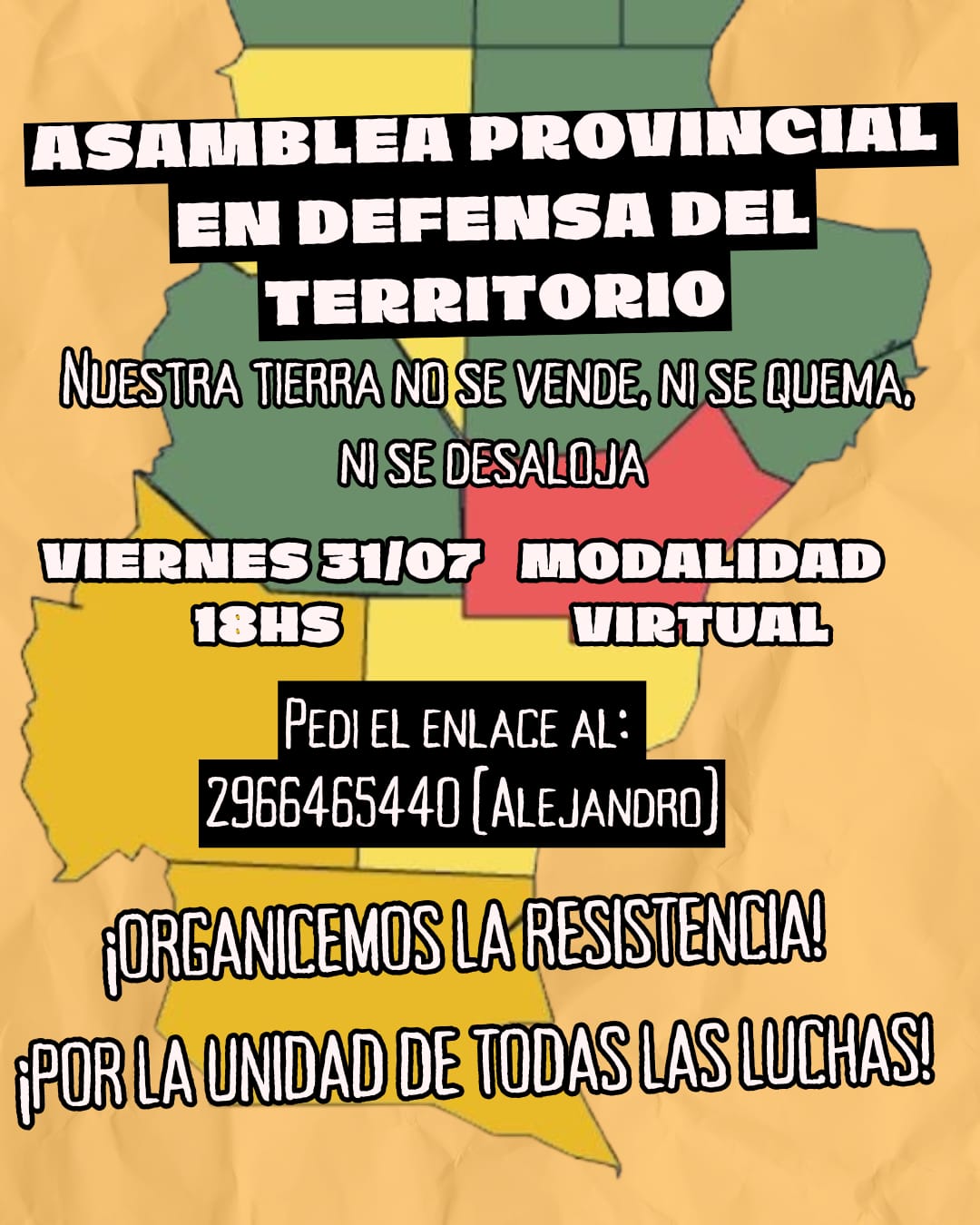 Afiche de la Asamblea Provincial Virtual del 31 de julio en defensa de la Tierra.