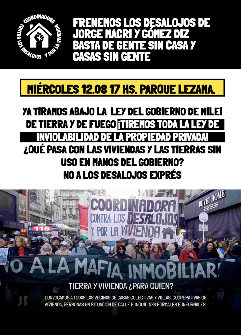 Flyer. Lee: Frenemos los desalojos. Basta de gente sin casa y casas sin gente. Miércoles 12/08 17 horas Parque Lezama