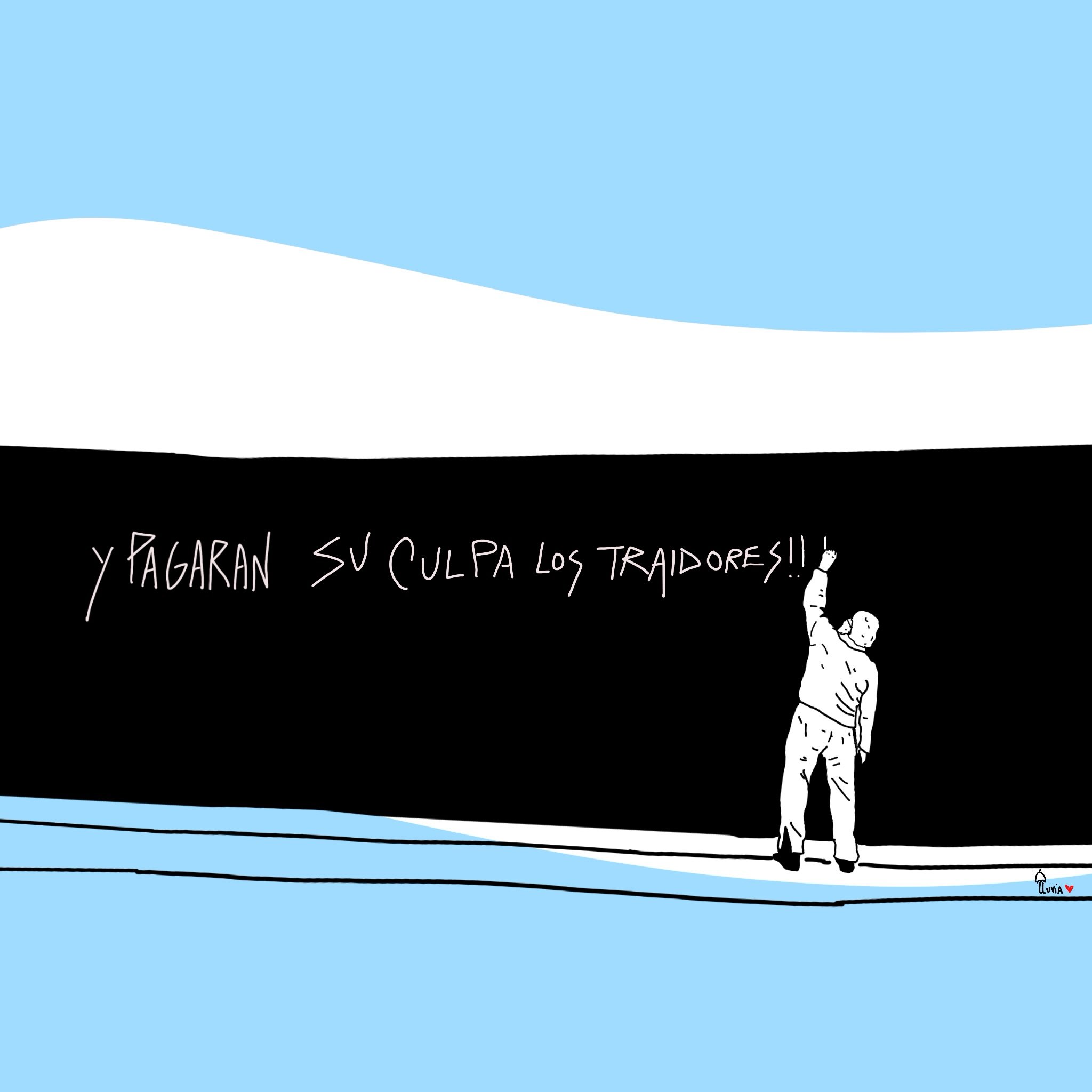 Ilustración sobre la bandera argentina: una persona escribe en la franja negra 
